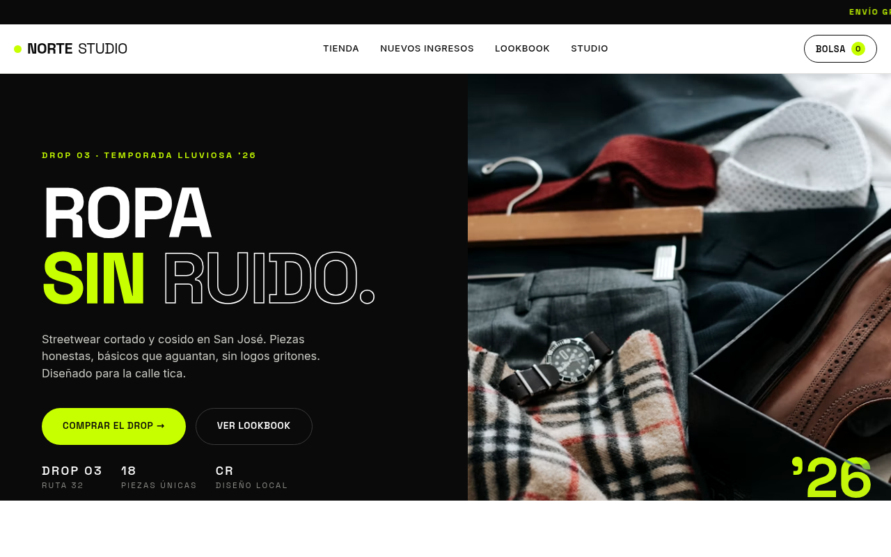 Ejemplo de sitio: Norte Studio — Moda / streetwear