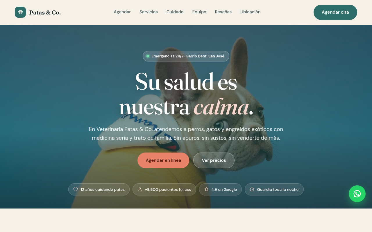 Ejemplo de sitio: Patas & Co. — Veterinaria
